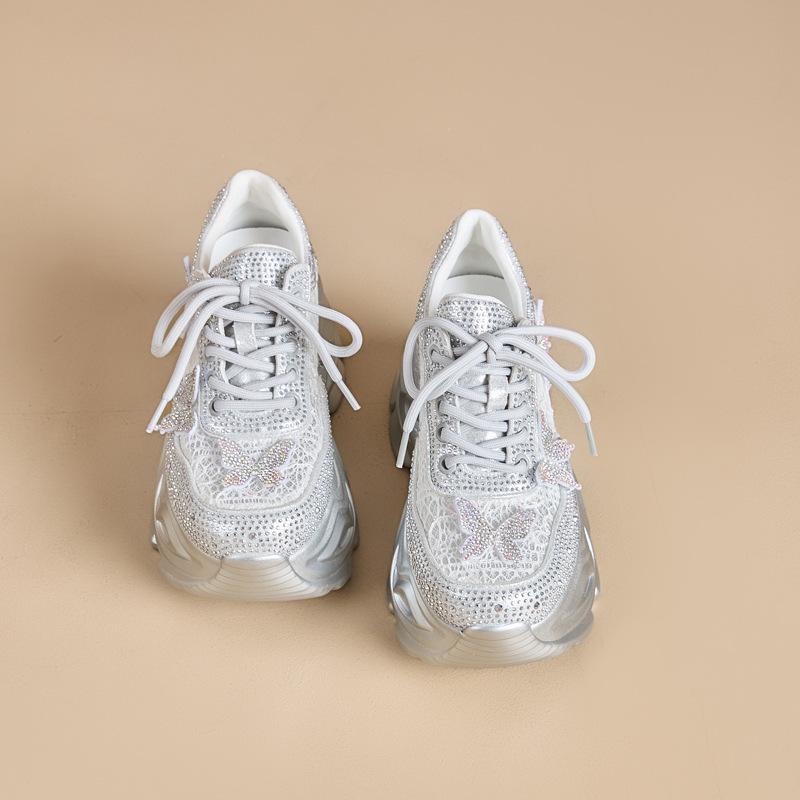 Inner Height Increase Thick Sole Super Fire Explosion Butterfly Single Net Rhinestone Dad Shoes Women's Spring 2025 New Casual Shoes Tide