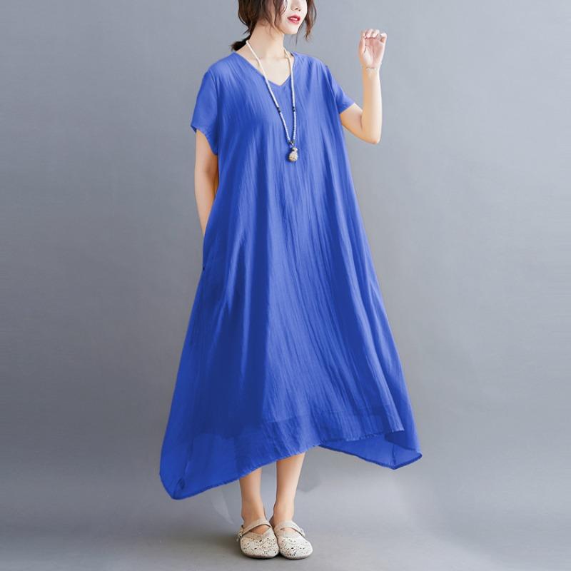 Korean Style Plus Size Summer Women Midi Dress V Neck Black White Pink Blue Yellow Orange Loose Dress Short Sleeve Casual Basic Ladies' Dress