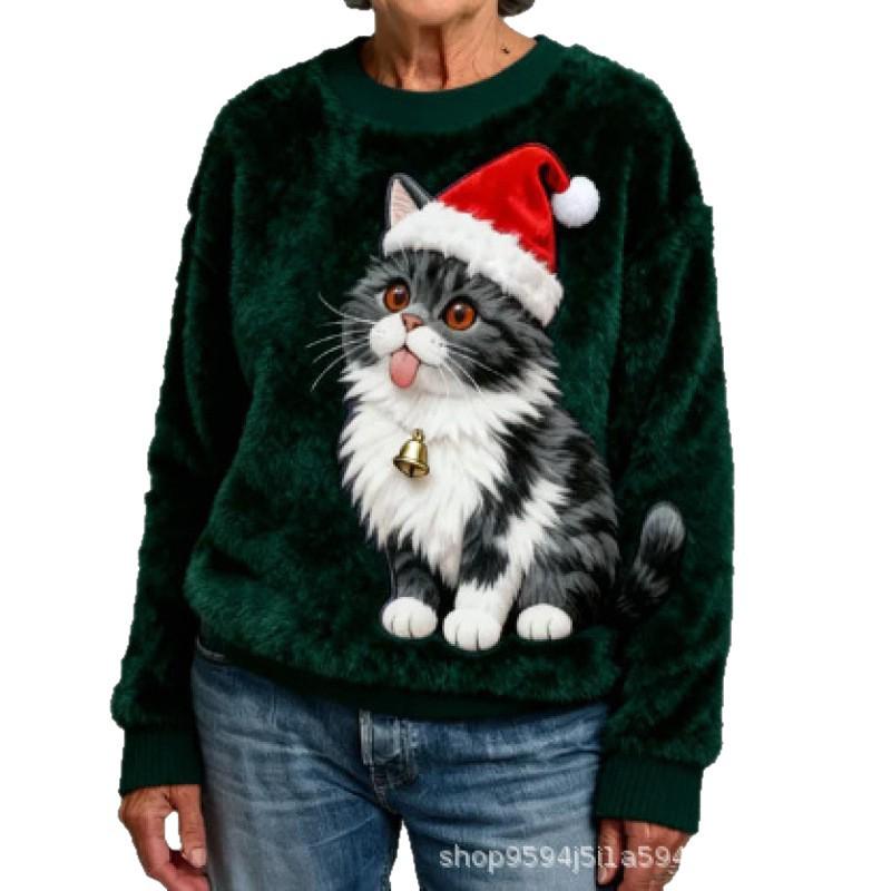2026 3D Printed Flannel Round Neck Women's Sweater - New Year Collection for Autumn/Winter