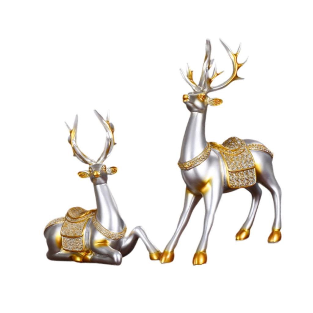 2x Reindeer Figurines Elegant,Nordic,Resin Sitting Standing Deer Statues Sculpture Deer Ornaments for TV Stand Tabletop Office