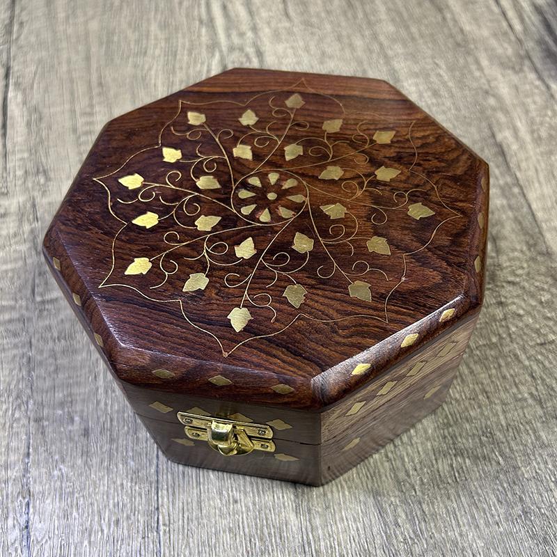 Hand Carved Octagonal Wooden Box with Brass Inlay for Jewelry Watch Stamp Collection Indian Rosewood Storage
