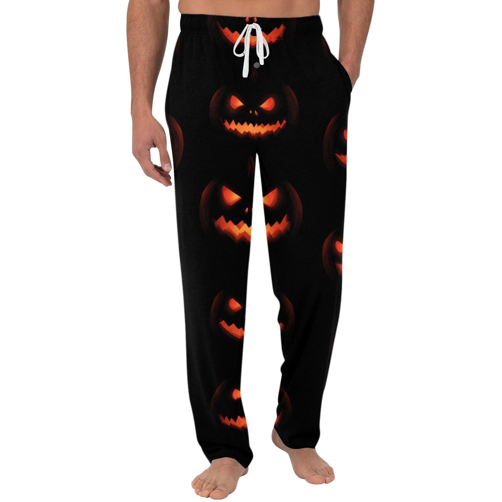 Men s Halloween Print Pocket Casual Pants Lounge Sleepwear Drawstring Waist Relaxed Fit Pajama Bottoms for Home Use L чёрный