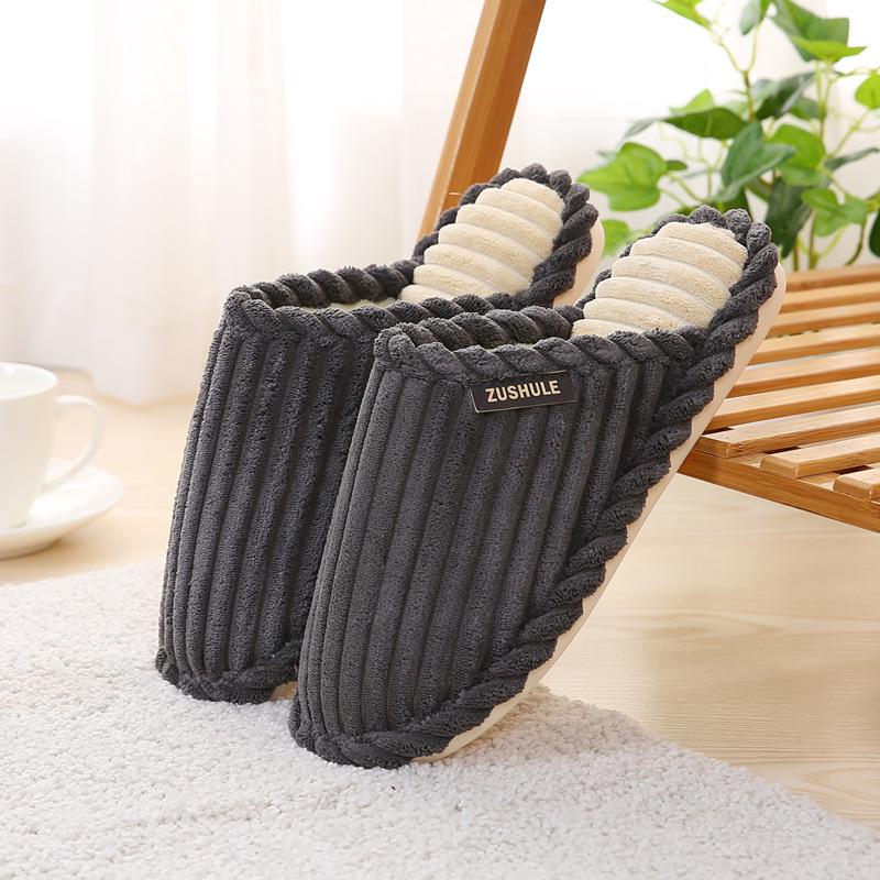 Unisex Non-slip Plush Corduroy Slippers with Bow, Warm Cotton Fleece Lining for Autumn and Winter