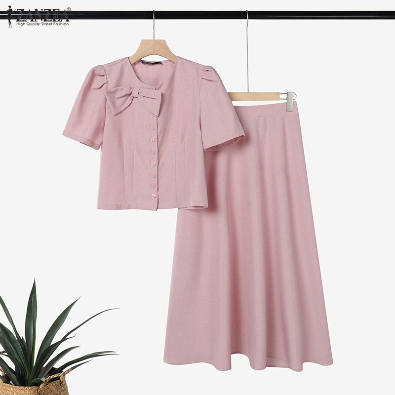 ZANZEA Women Short Sleeve Blouse and Skirts Casual Two Piece Suit Sets