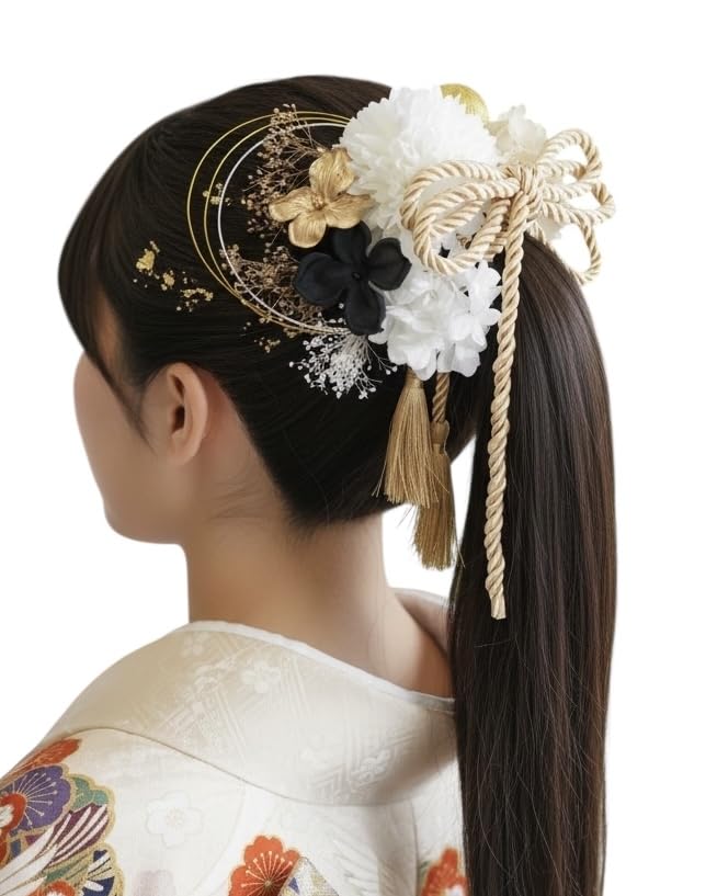 

[Lomeri] Roseri Braided Cord and Dried Flower Hair Ornament, Gold Ponytail Hair Accessory, for Coming-of-Age Ceremony, Graduation Ceremony, Furisode,