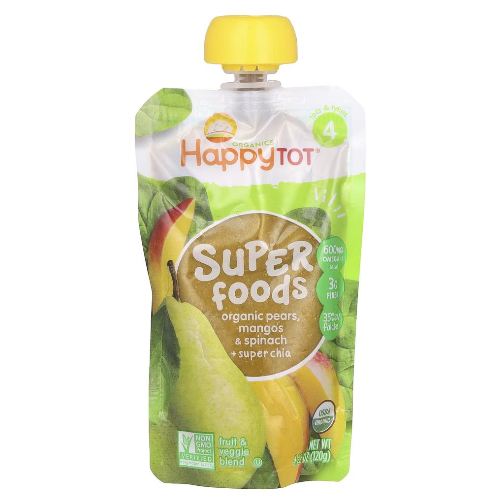 Happy Family Organics HappyTot, Superfoods, Organic Pear, Mango & Spinach + Super Chia, 4.22 Oz (120 G)