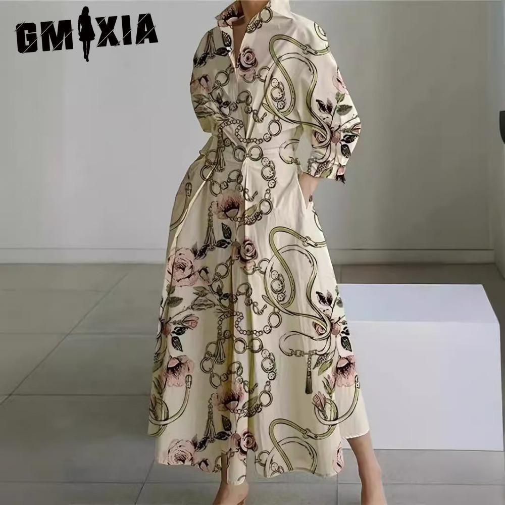 

GMXIA Женская мода весна осень длинные рукава поло-воротник повседневные платья XXXL