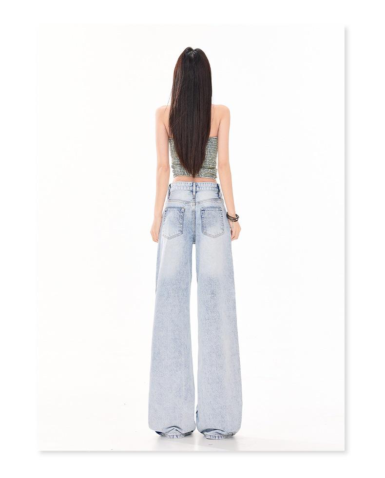 Women's Retro Sky Blue High-Waist Jeans, 2026 Spring/Summer Collection - Loose, Slimming, Floor-Length, Straight-Leg Versatile Pants
