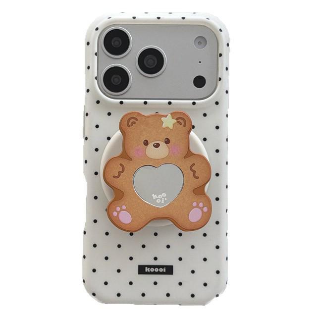 Magnetic Mirror iPhone Case with Korean Style Polka Dot Bear Heart Design (Compatible with iPhone 17, 16 Pro Max, 15, 14)