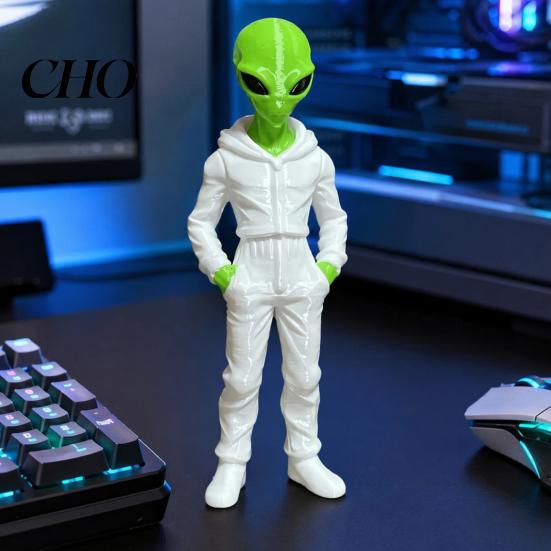 Statua di Figura Alieno con Cappuccio che Indossa Felpa con Cappuccio, Statuetta Verde Stampata in 3D, Scultura da Collezione, Decorazione Desktop Sci-Fi Regalo per Appassionati E-sport