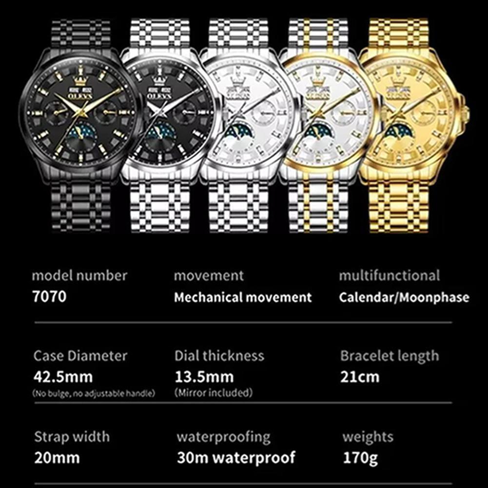 Luxusní pánské plně automatické mechanické hodinky Multifunkční vodotěsné hodinky s fází měsíce Pánské sportovní hodinky
