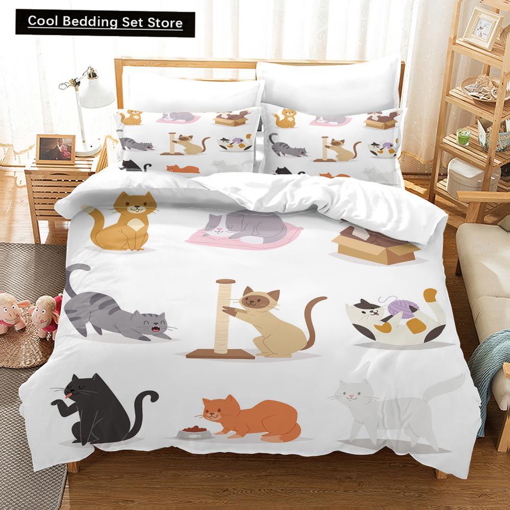 Cartoon Cat King Full Queen Duvet Cover Lovely Pet Kitty Bedding Set Animal Quilt Cover 2/3pcs Purple Polyester Comforter Cover