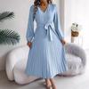 Robe Longue Plissée Élégante à Col en V Boutonnée à la Taille Bohème Automne Hiver Robes de Soirée pour Femmes Couleur Unie Printemps Automne Coupe Trapèze Vêtements Décontractés