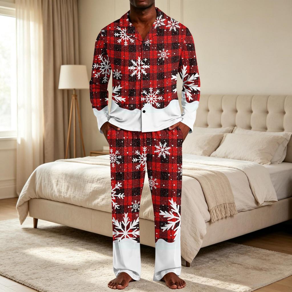 Kerstpyjamaset voor heren met knopenhemd en rechte broek, Casual print nachtkleding tweestukken outfit, Feestelijke loungewear voor de feestdagen