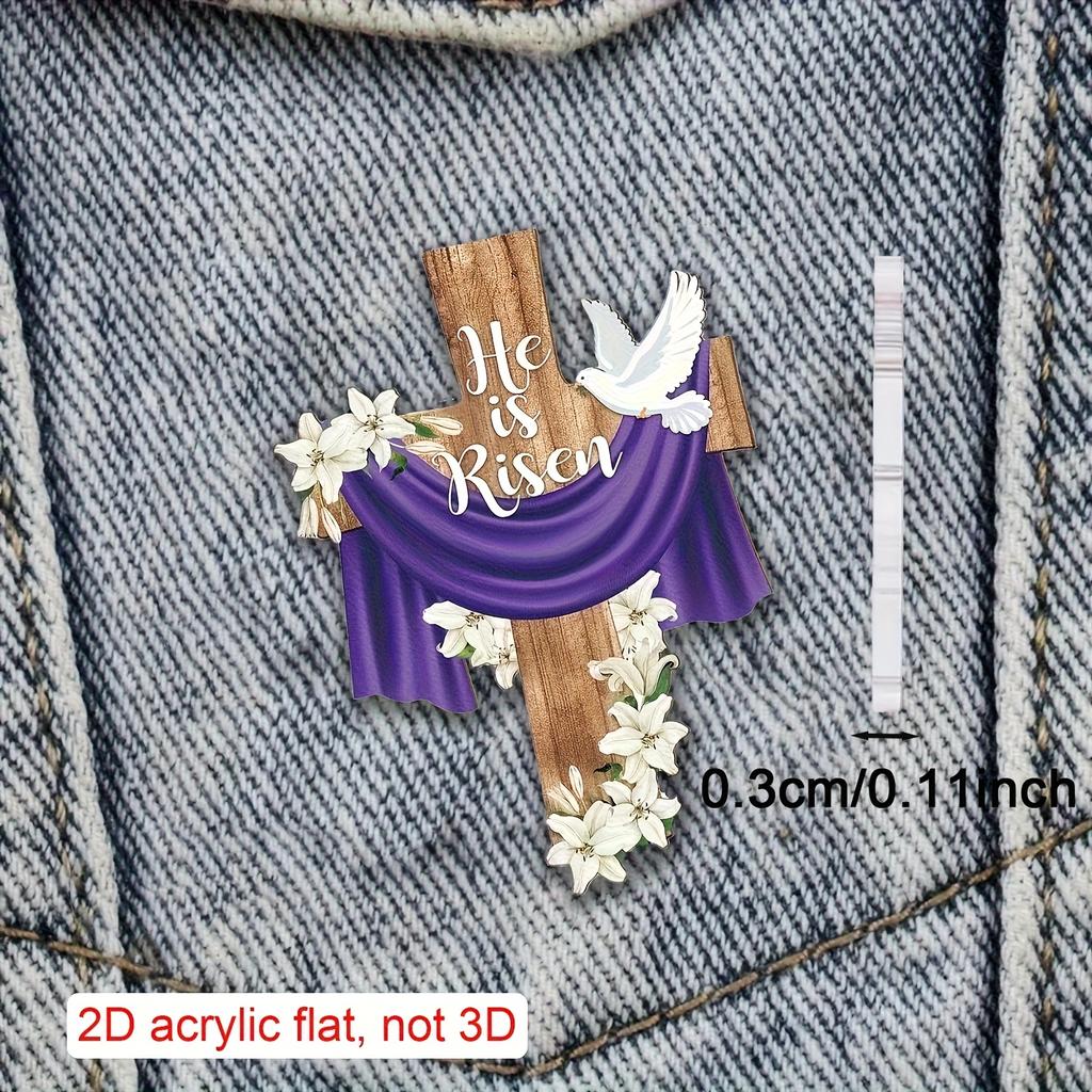 2D Flat 1pc Vintage Elegant Jesus Resurrection Lily Cross Acrylic Brooch, Unique Irregular Shape Prayer Jewelry ,ideal Christmas Gift