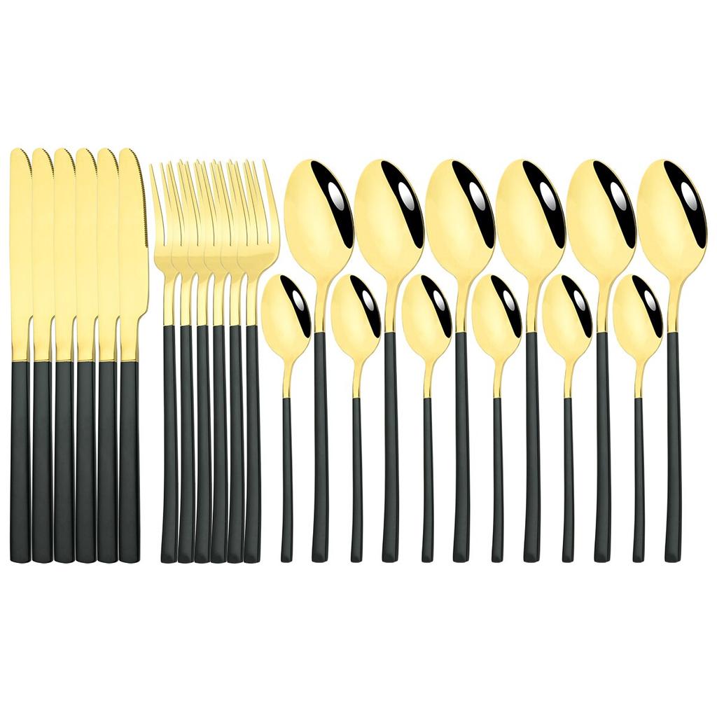 6People Stainless Steel Cutlery Set Knife Fork Tea Spoon Dinner Tableware Black Dinnerware Party Kitchen Flatware Silverware Set