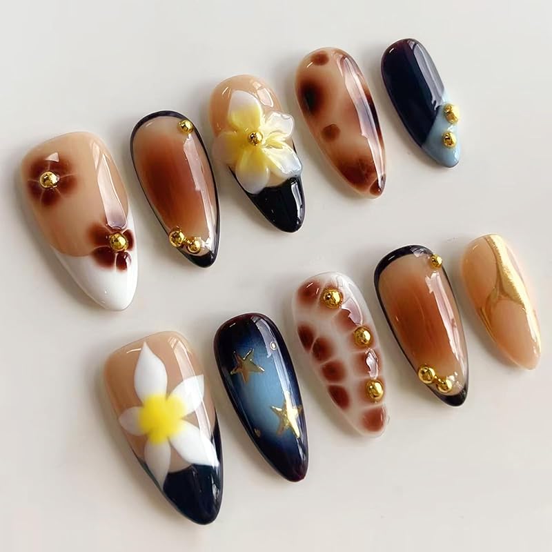 Pink French Tip Press on Nails Medium Almond Fake Nails with 3D Flower Designs Glossy Acrylic False Nails Golden Bead Artificial Glue on Nail