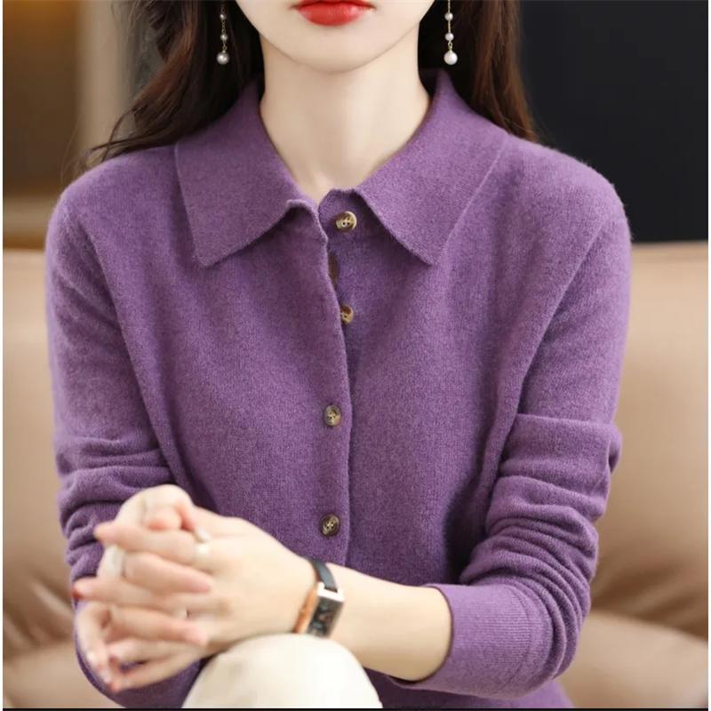Autumn And Winter New Women's Cardigan Exquisite Long Sleeved Sweater Large Knitted Lapel Collar Sweater Purple