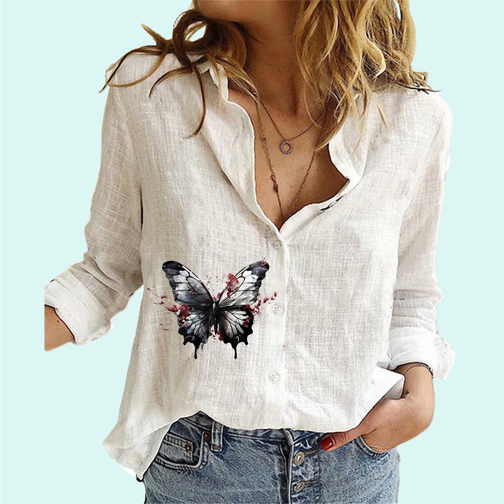 Camisa feminina casual com estampa de borboleta e botões, moda feminina, primavera e outono, manga comprida, blusa de linho feminina, blusa de manga comprida