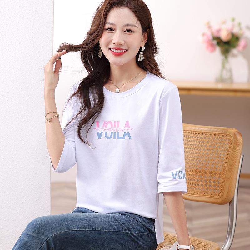 Dam sommar lös ren bomull trekvartsärmad t-shirt - Snygg, bekväm, mode för medelålders