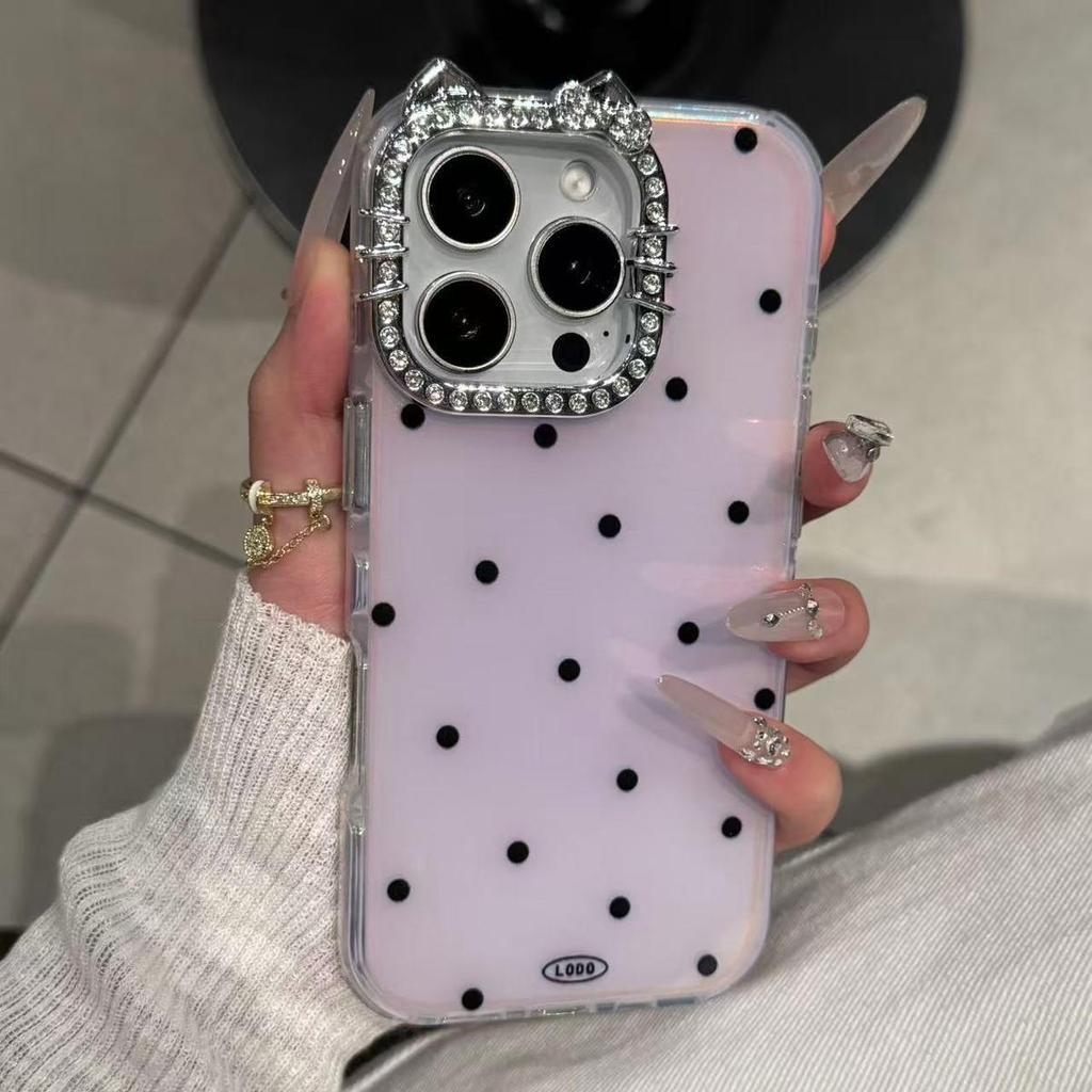 INS Style Full-Screen Polka Dot Cat Lens Case for iPhone 17/16 Pro Max - Simple Design for iPhone 15/13