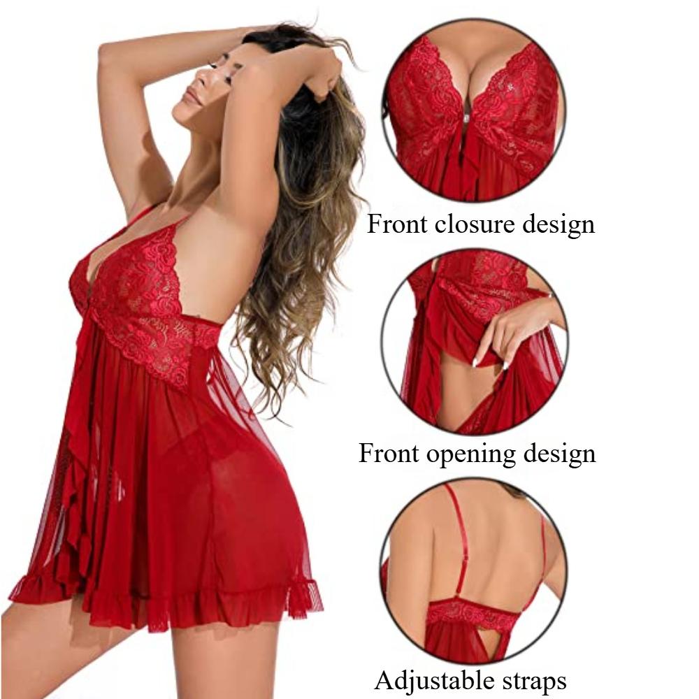 Sexy Lingerie Set Women Erotic Bra Nightdress Sexy Lace Sleepwear Solid Slim Soft Dresses V Neck Full Slip Sleepwear & Dresses