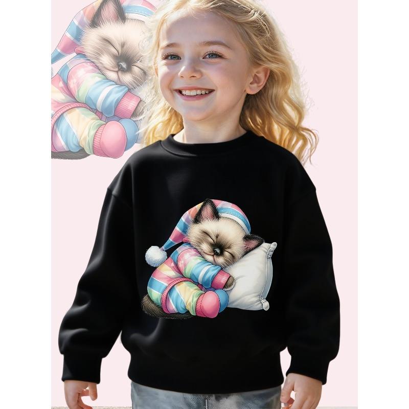 Girls' Pastel Cat Print Sweatshirt - Soft Pastel Pink & Blue Sleeper Design, Cozy Loose-Fit Long Sleeve Crewneck