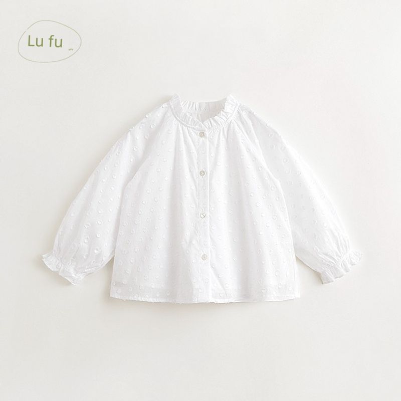 [Mark Jenny French Style] Girls  Jacquard Polka Dot Lace Stand Collar Shirt Pure Cotton Shirt Spring Style 240170 Shell White 130