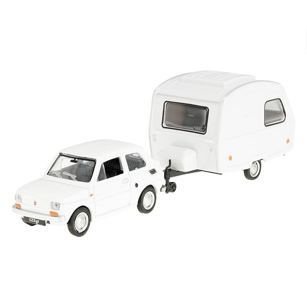 Model 1:43 Zestaw Fiat 126p + przyczepa Niewiadów Kemping, biały