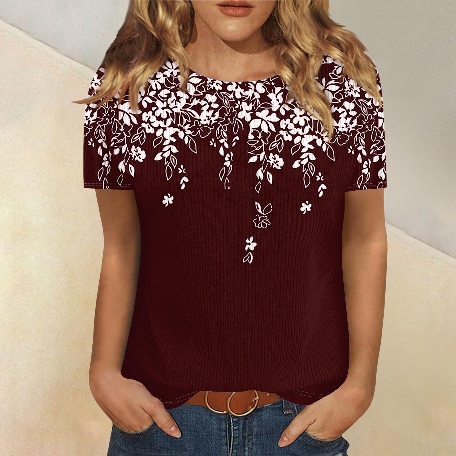 

Футболки для женщин, плиссированные, с V-образным вырезом, нарядные, повседневные блузки с принтом, короткие рукава, летние топы, свободный крой XL винный