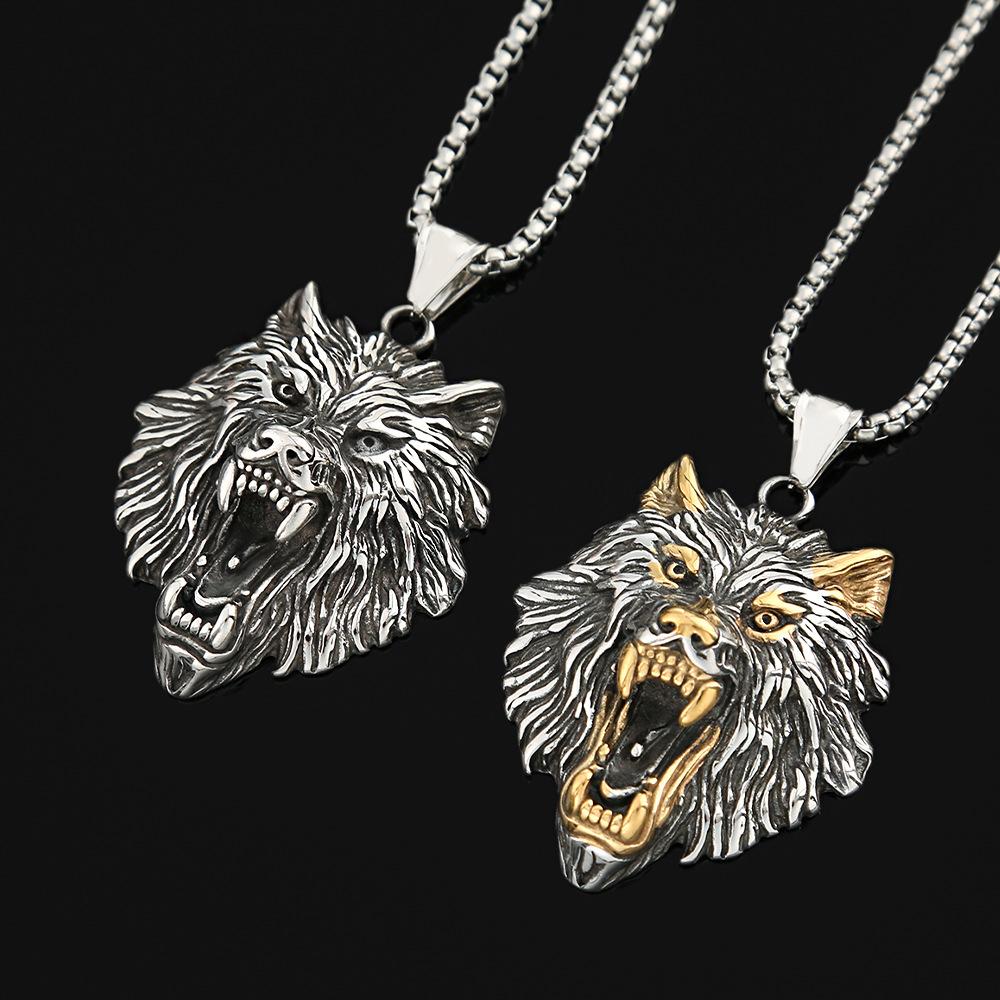 Hip-hop Retro Titanium Steel Men's Necklace Does Not Fade Domineering Personality Stainless Steel Wolf Head Pendant