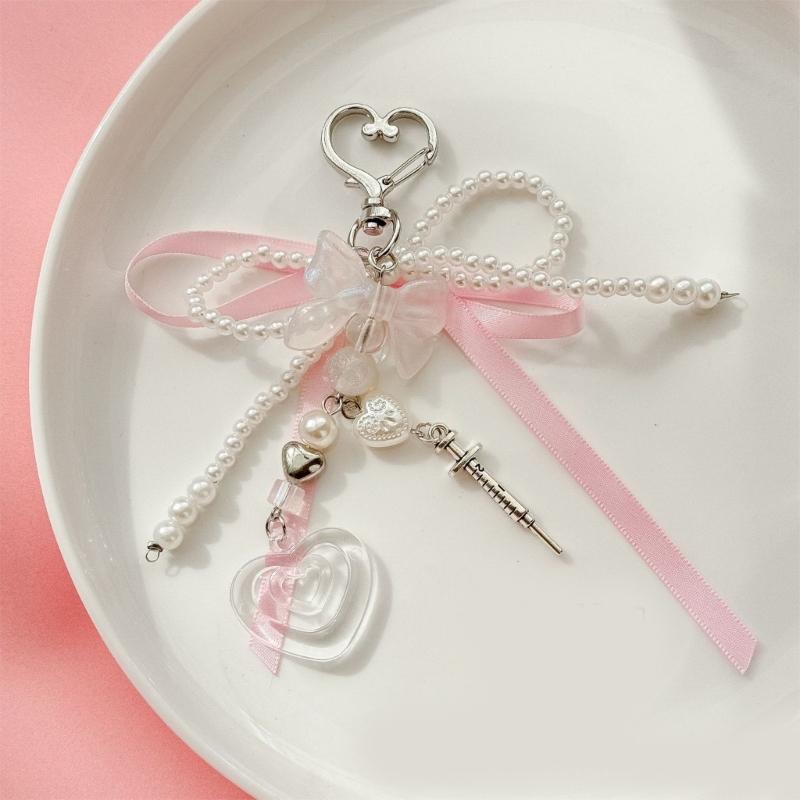 Fashionable Faux Pearls Bowtie Charm Stylish Bowknot Ribbon Keychain Bag Ornament Jewelry for Purses and Accessories