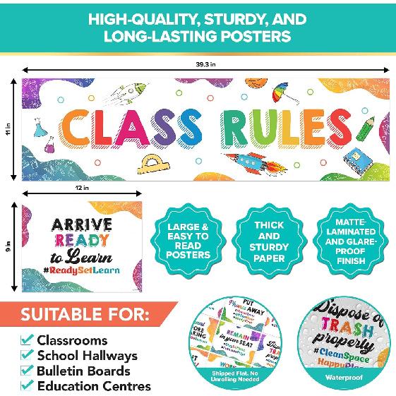 Decorably 10 Colorful Classroom Rules Poster High School, pirational, Matte-Laminated Decor - for Hallways, Bulletin Boards, Library