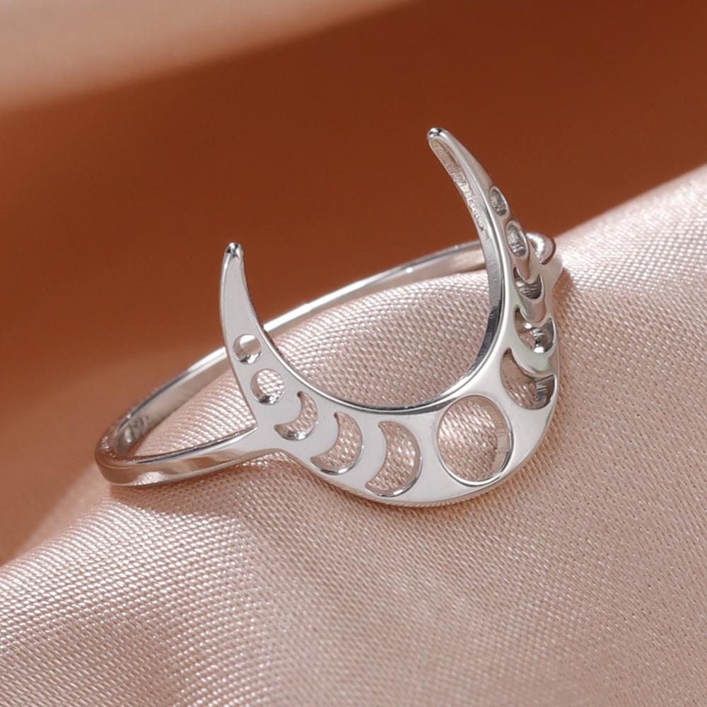 Dawapara Crescent Moon Fashion Women Ring Lunar Moon Phase Witch Stainless Steel Lucky Amulet Minimalist Jewelry