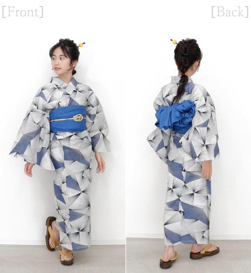 Kimono Hiroba Yu Junior Yukata Set for Sizes and Retro and Modern Kids' 4-Piece Girls, 120, 130, 140, 150cm, Style, [L-3] (140cm)