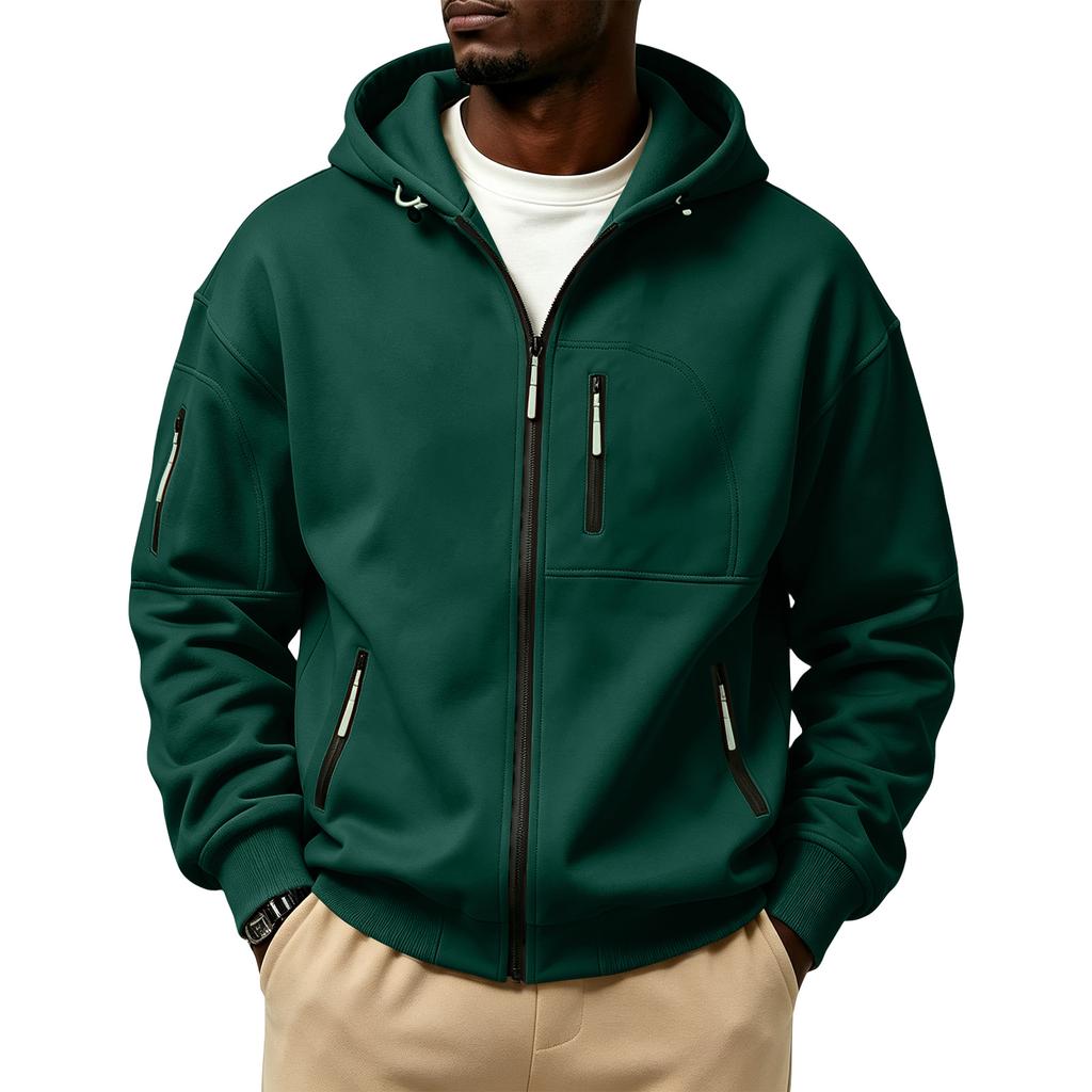 Men's Winter Color Hooded Zip-Up Sweatshirt with - Pockets for Daily Wear