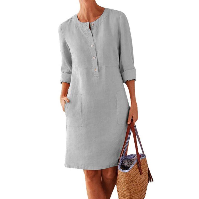 2024 Spring Women's Plus Size Long Sleeve Cotton Linen Round Neck Dress