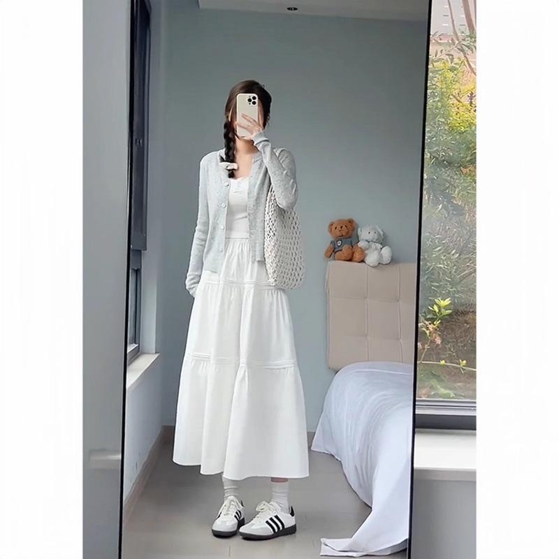 Women's White High-Waist A-Line Midi Skirt - Slimming, Petite Fit, Autumn 2025
