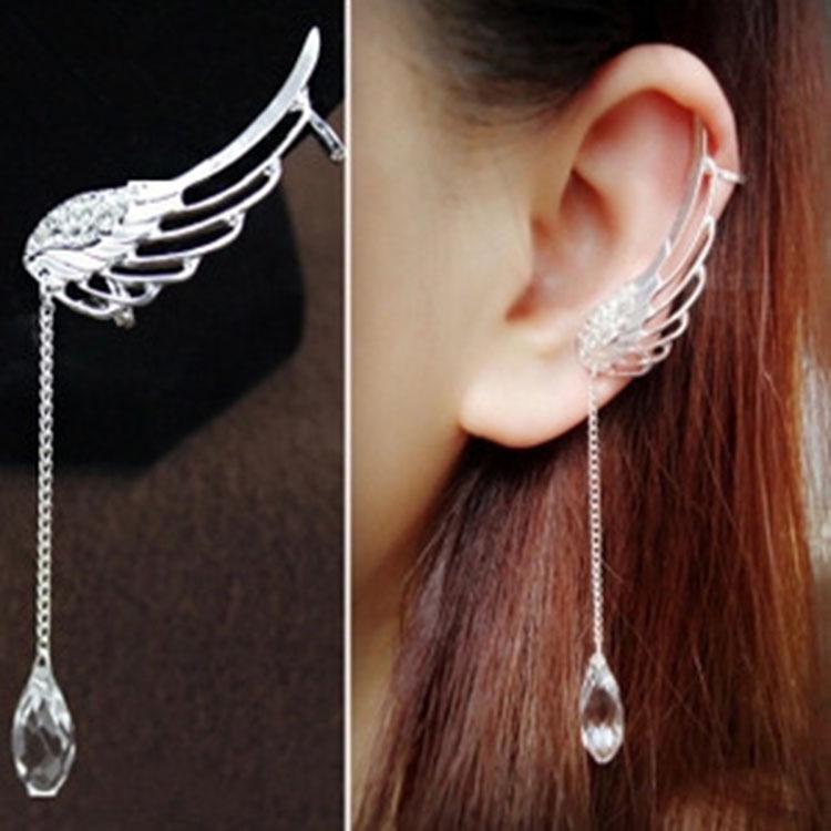 Versatile Crystal Angel Wings Ear Clip with Water Drop Chain золотой