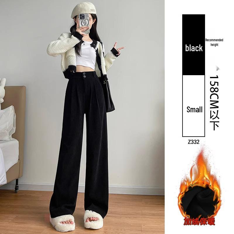 Women's White Corduroy Wide-Leg Pants with Velvet Lining, Petite Fit, Straight Leg - Autumn/Winter.