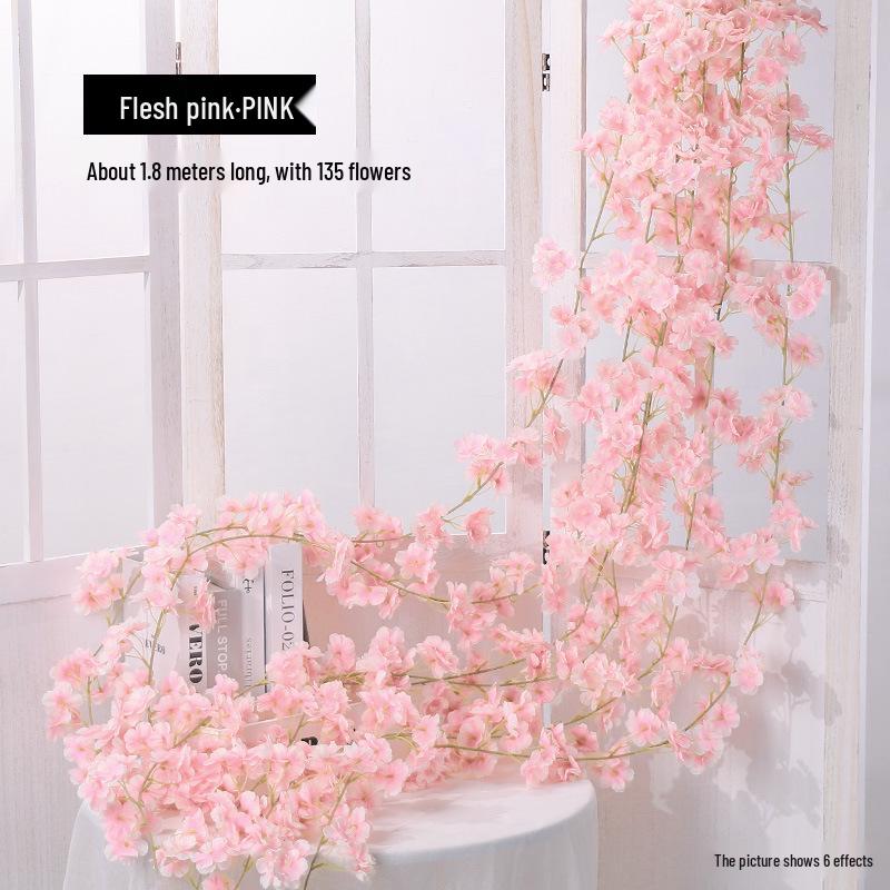 Artificial Cherry Blossom Vine - Silk Flower with 45 Rose Buds for Ceiling or Wall Hanging Decoration