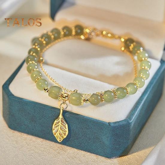 Women Bracelet Faux Jade Smooth Bead Leaf Peatnut Pendant Good Luck Adjustable Length Rhinestone Lady Bangle Prom Daily Wrist Jewelry