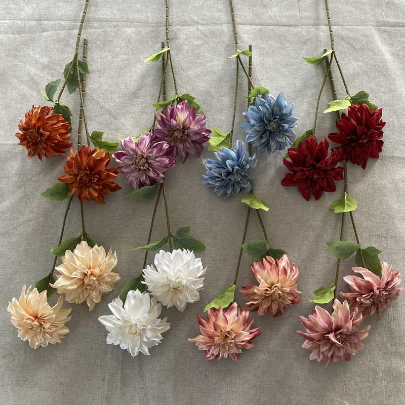 Long 2 Stem Head Dahlia Artificial Silk Flowers Wedding Home Decor Props Photo