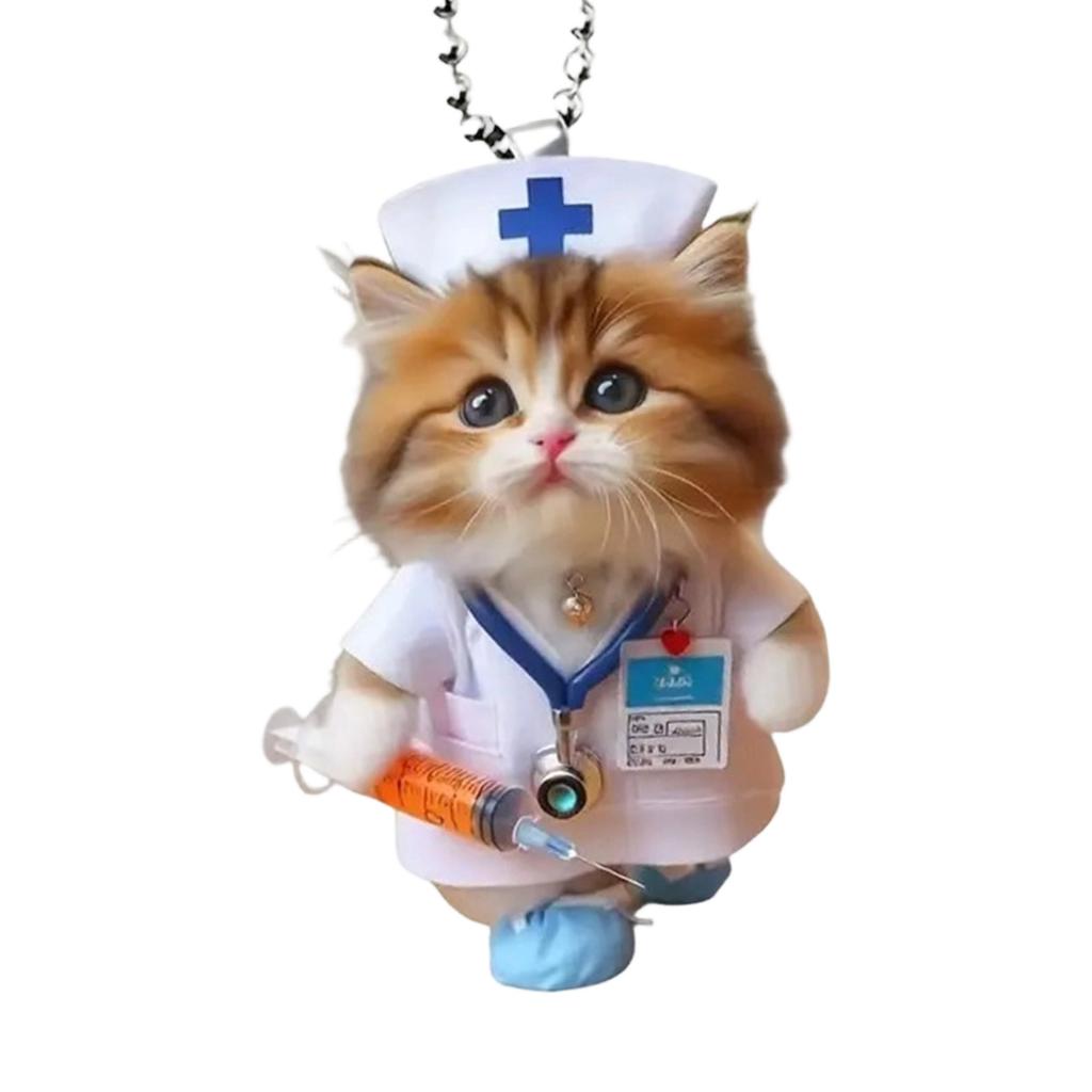 Playful Cartoon Feline Nurse Car Decoration Acrylic Hanging Charm With Sturdy Rope For Christmas Tree And Door Decoratio