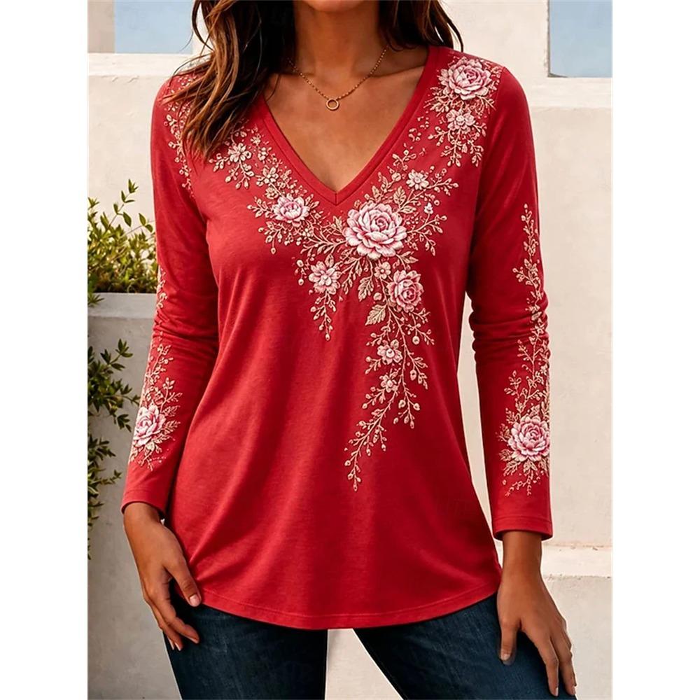Elegant Women's Autumn Top V-Neck Vintage-Print Long-Sleeve T-Shirt Loose Comfortable and Stylish for Streetwear or Outdoor Wear