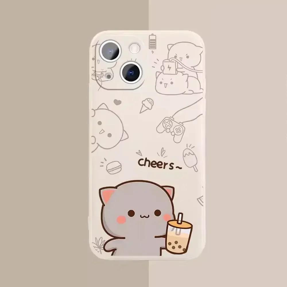 Cartoon Peach Mochi Cat Couple Phone Case for IPhone 16 15 14 13 12 11 Pro Mini X XS MAX 7 8 Plus Cute Animal Paired Soft Covers