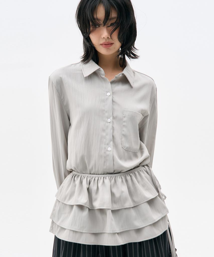 PLACE STUDIO Big Pocket Layered Three-Tiered Frill Wrap Skirt Set Blouse Shirt _ 3 Colors