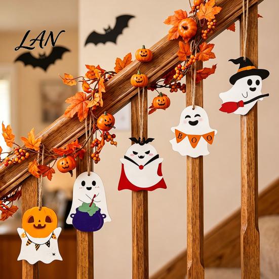Halloween Tree Ornaments Ghost Wooden Hanging Sign with Hemp Rope, Cute Rustic Decorations Pendants for Home Party Wall Decorative Wood Signs