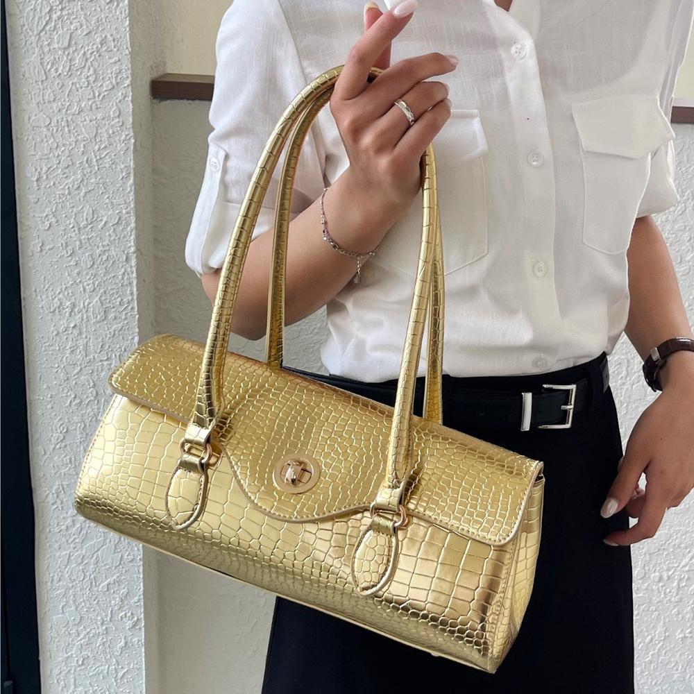 Women's Crocodile Pattern Handbag: Elegant PU Leather Top-Handle Satchel with Gold Lock, Retro Shoulder Bag for Work & Commute