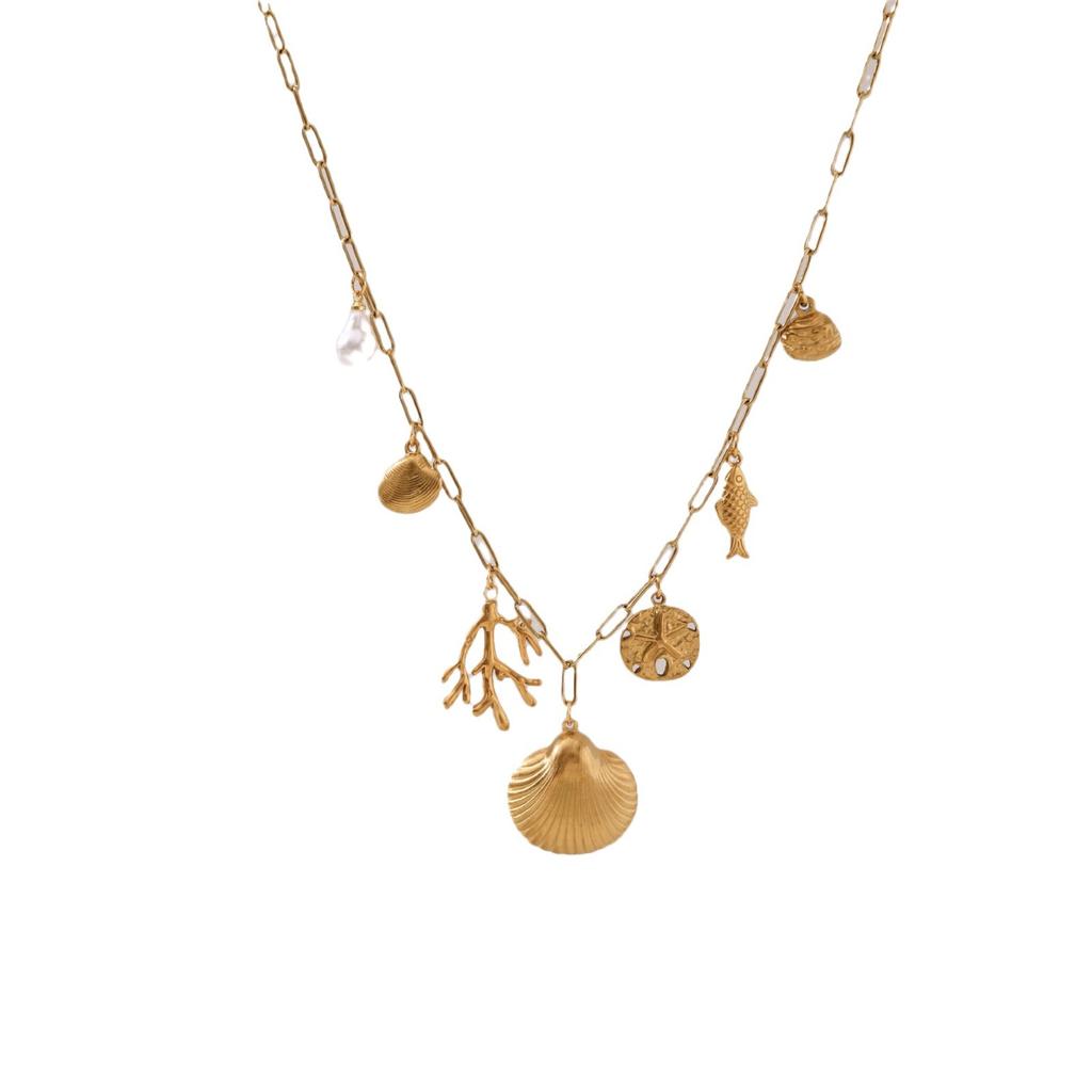 Stainless Steel Exaggerated Beach Shell Pearl Coral Fish Necklace Furnace Vacuum Plating 18K Gold Color Retention